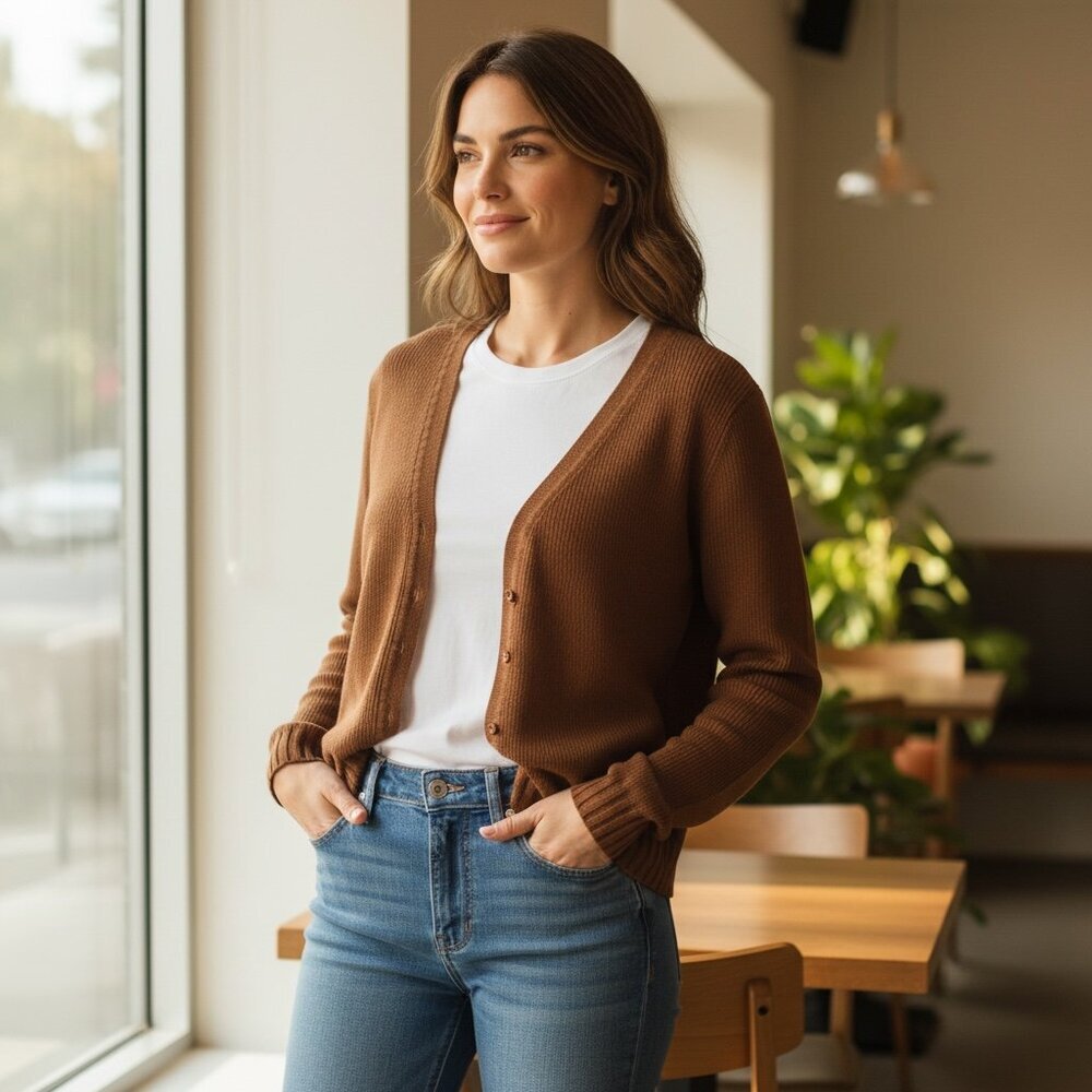 Coldwater Creek Rib Knit‎ Cardigan Top Button Front V Neck Sz S Brown #208L